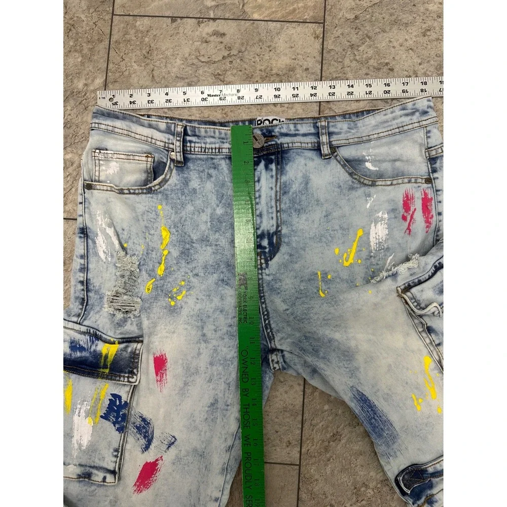 Rock‎ Salt Mens Distressed Paint Splatter Denim Cargo Shorts Light Wash Size 38